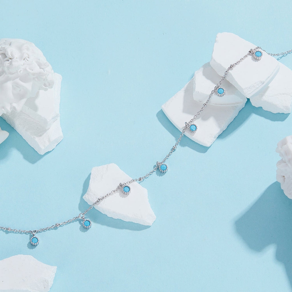 925 Sterling Silver Necklace with Synthetic Turquoise in White Gold, Adjustable 450mm for Women