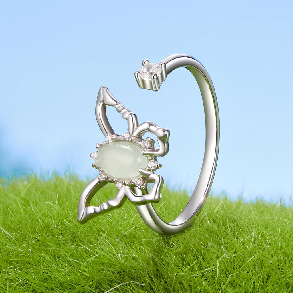 925 Sterling Silver & Natural Jade Pavé Setting Ring for Women