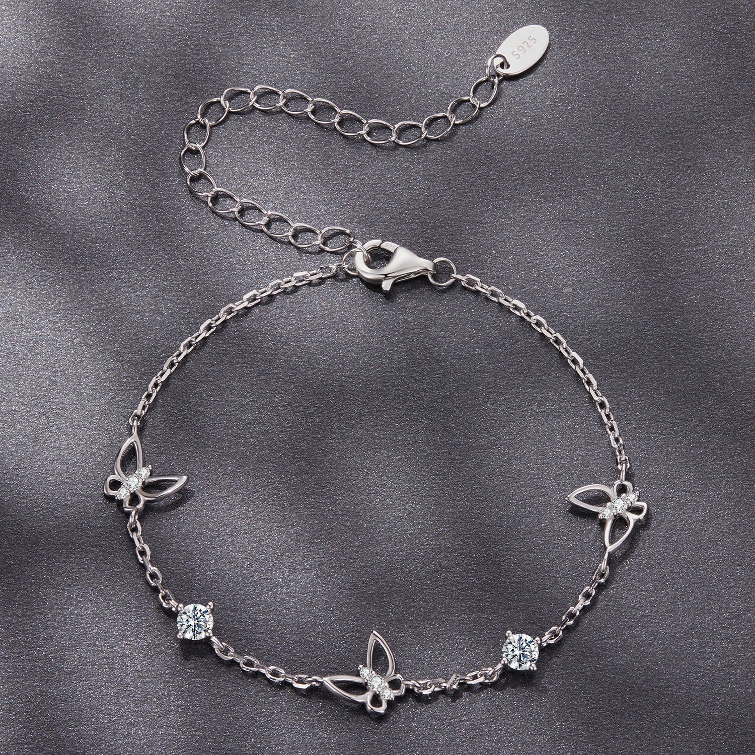 925 Sterling Silver White Gold Plated Bracelet with Moissanite, 15+6cm, for Women