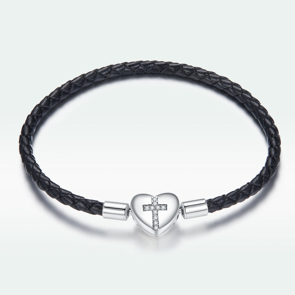 925 Sterling Silver Leather 17cm Bracelet with Oxidized CZ for Women