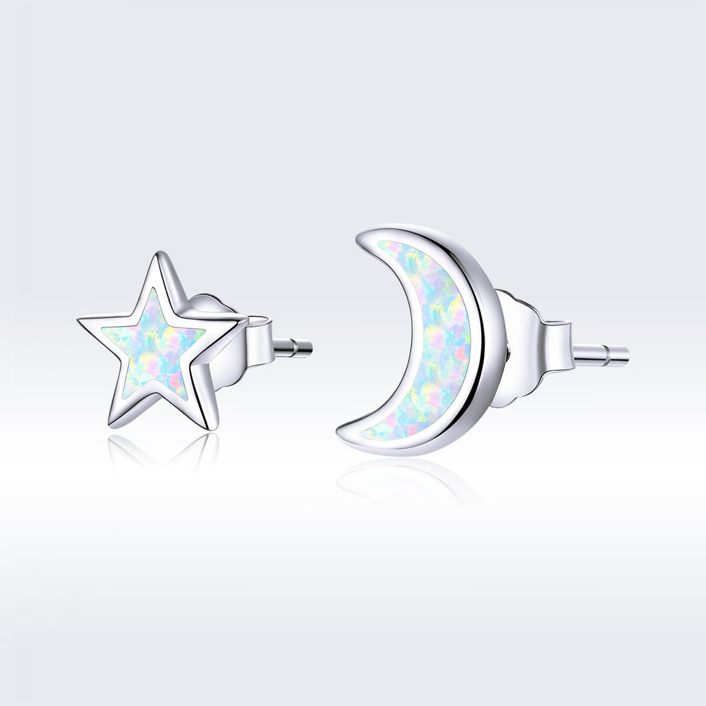 925 Sterling Silver Opal Earrings for Women - Star & Moon Design