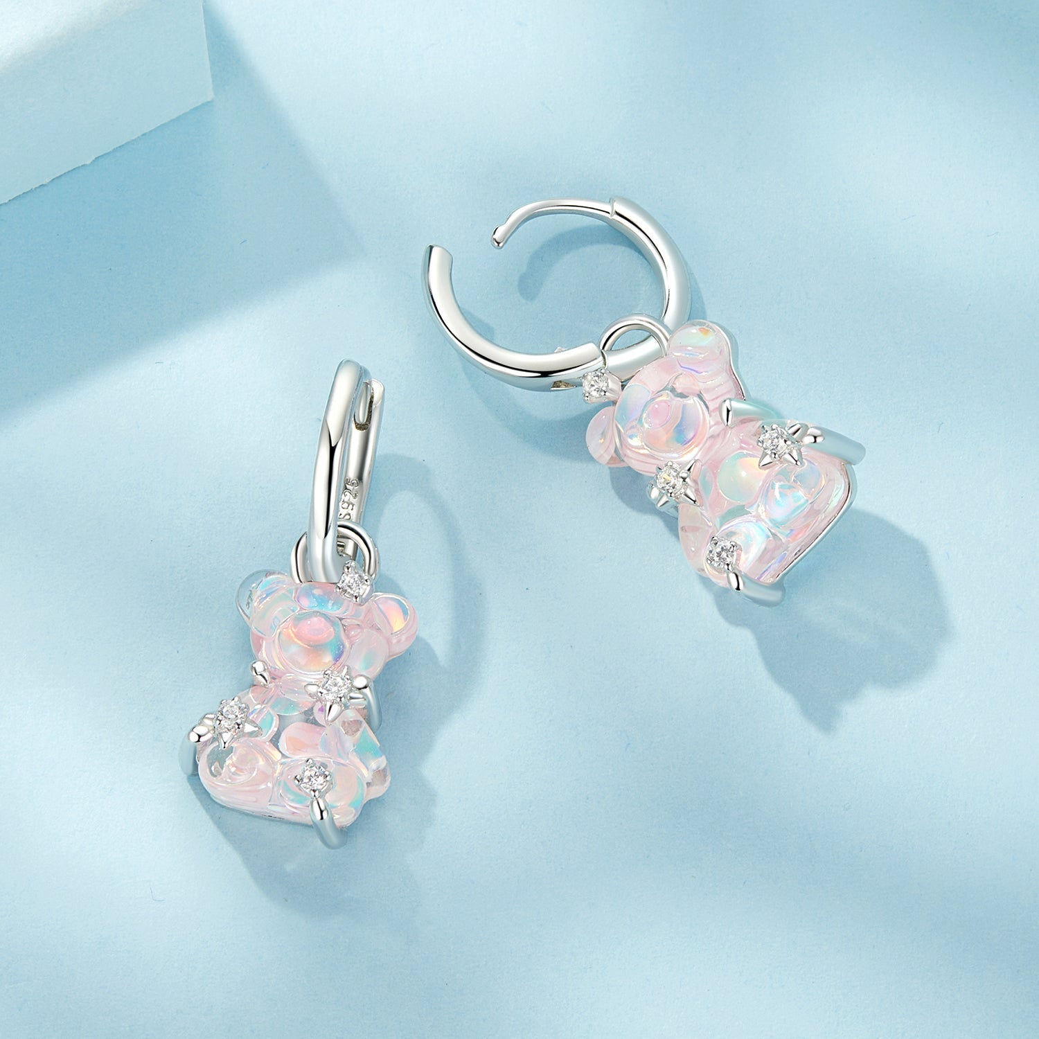 925 Sterling Silver Earrings with Pavé Setting CZ and Resin - 2.8 x 1.1 cm - Women's Fashion