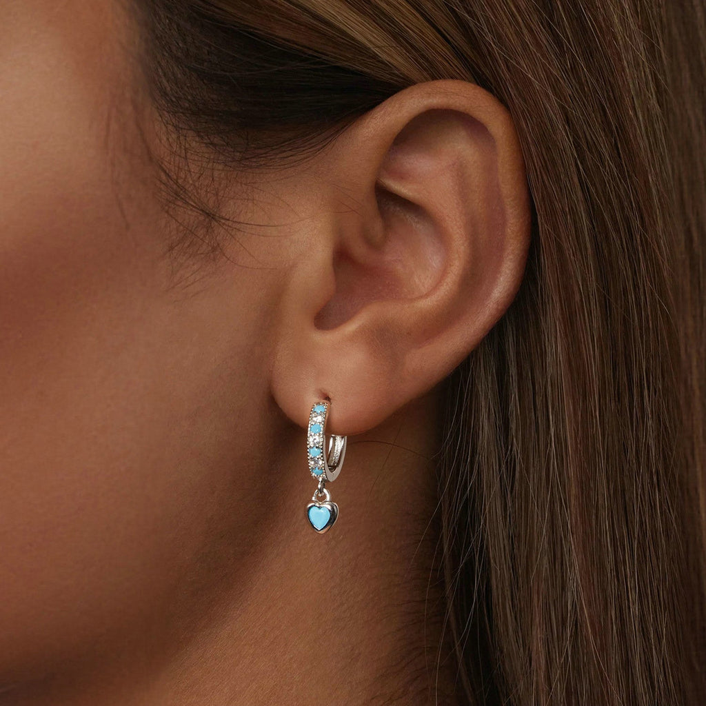 925 Sterling Silver Earrings with Synthetic Turquoise and CZ - White Gold Plated