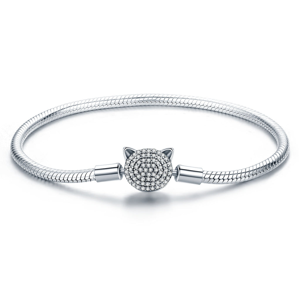 925 Sterling Silver Bracelet with Cat Head Charm, 17cm for Women