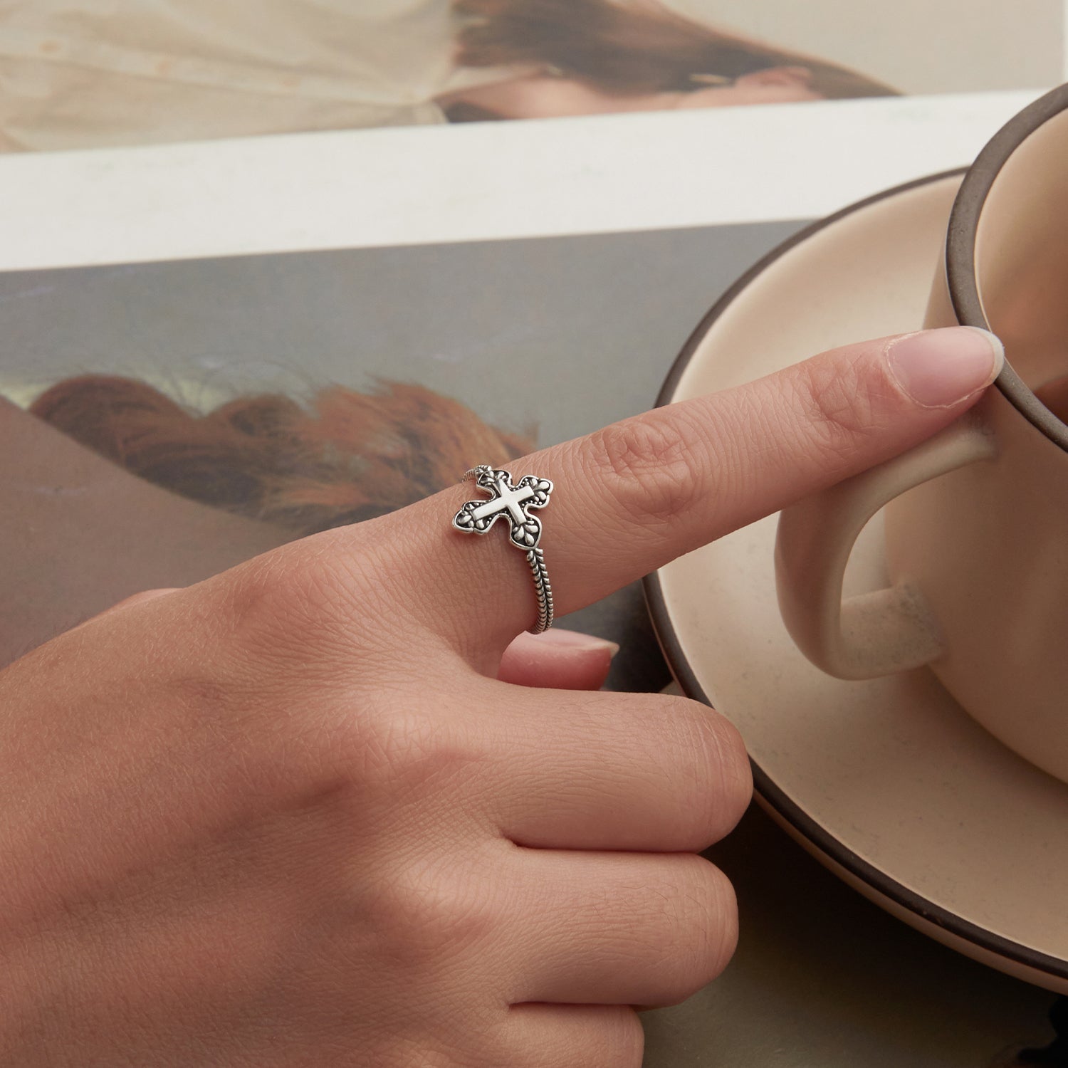 925 Sterling Silver Oxidized Silver 0.18cm Crucifix Adjustable Ring for Women