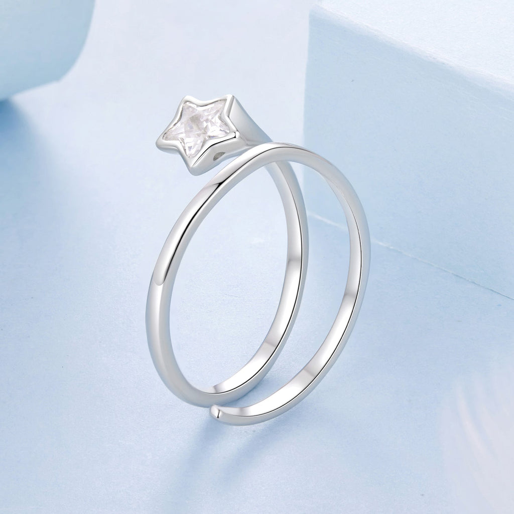 925 Sterling Silver White Gold Plated Pavé CZ Star Ring for Women