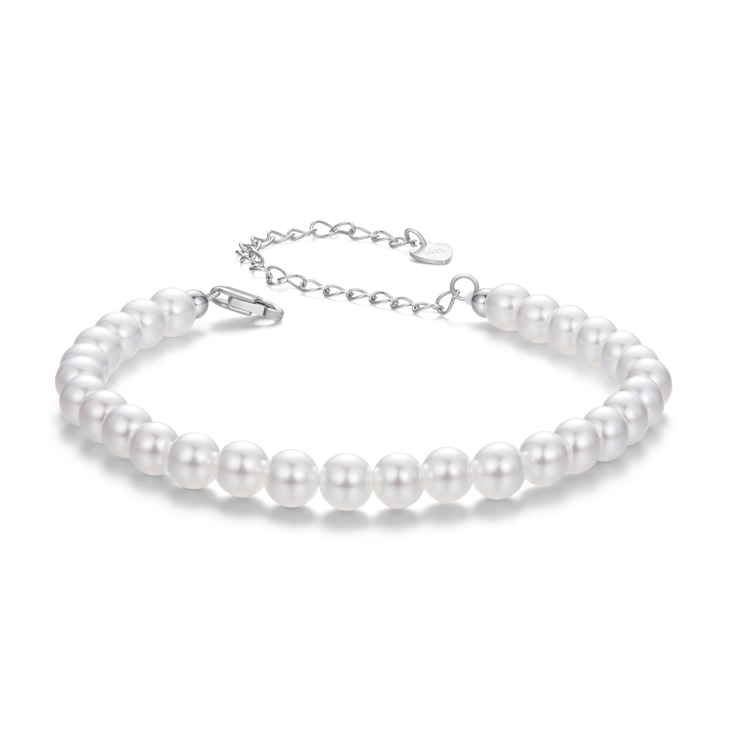 925 Sterling Silver Adjustable White Gold Plated Bracelet with Synthetic Pearl for Women