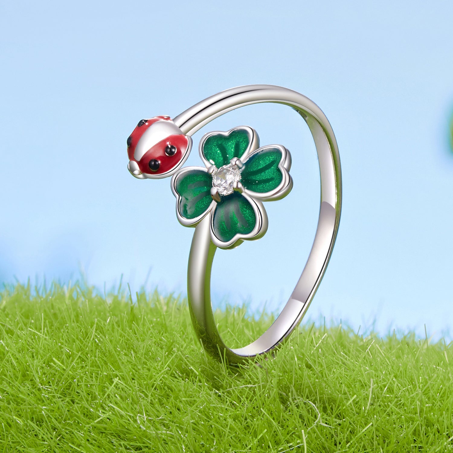 925 Sterling Silver Ladybug Four-leaf Clover Ring for Women