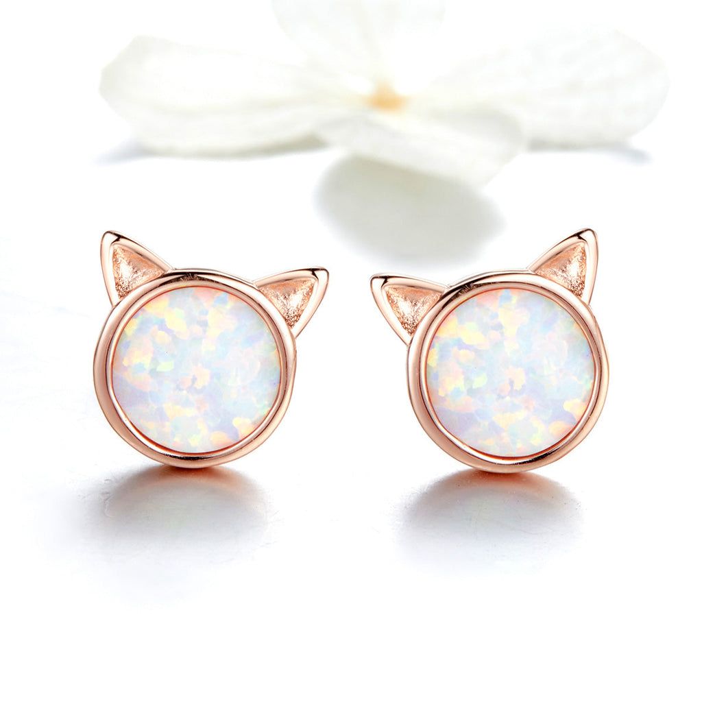 925 Sterling Silver Plated Rose Gold Opal Earrings 0.8cm for Women