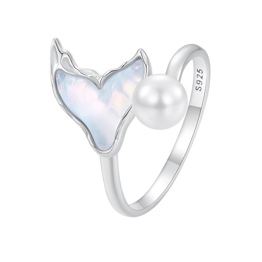 925 Sterling Silver Ring with Shell Pearl and Transparent Glass