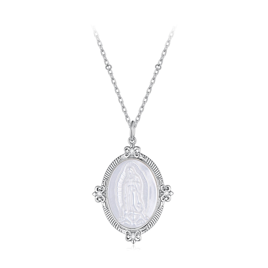 925 Sterling Silver Necklace with White Gold Plating, 40+5cm Length, CZ & Mother of Pearl Pendant for Women