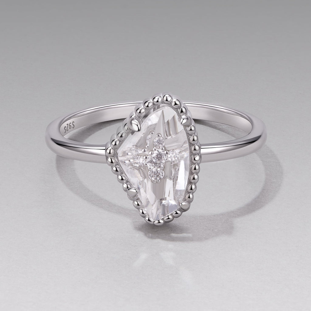 925 Sterling Silver Ring with Transparent Glass and CZ, 0.15cm Width, for Women