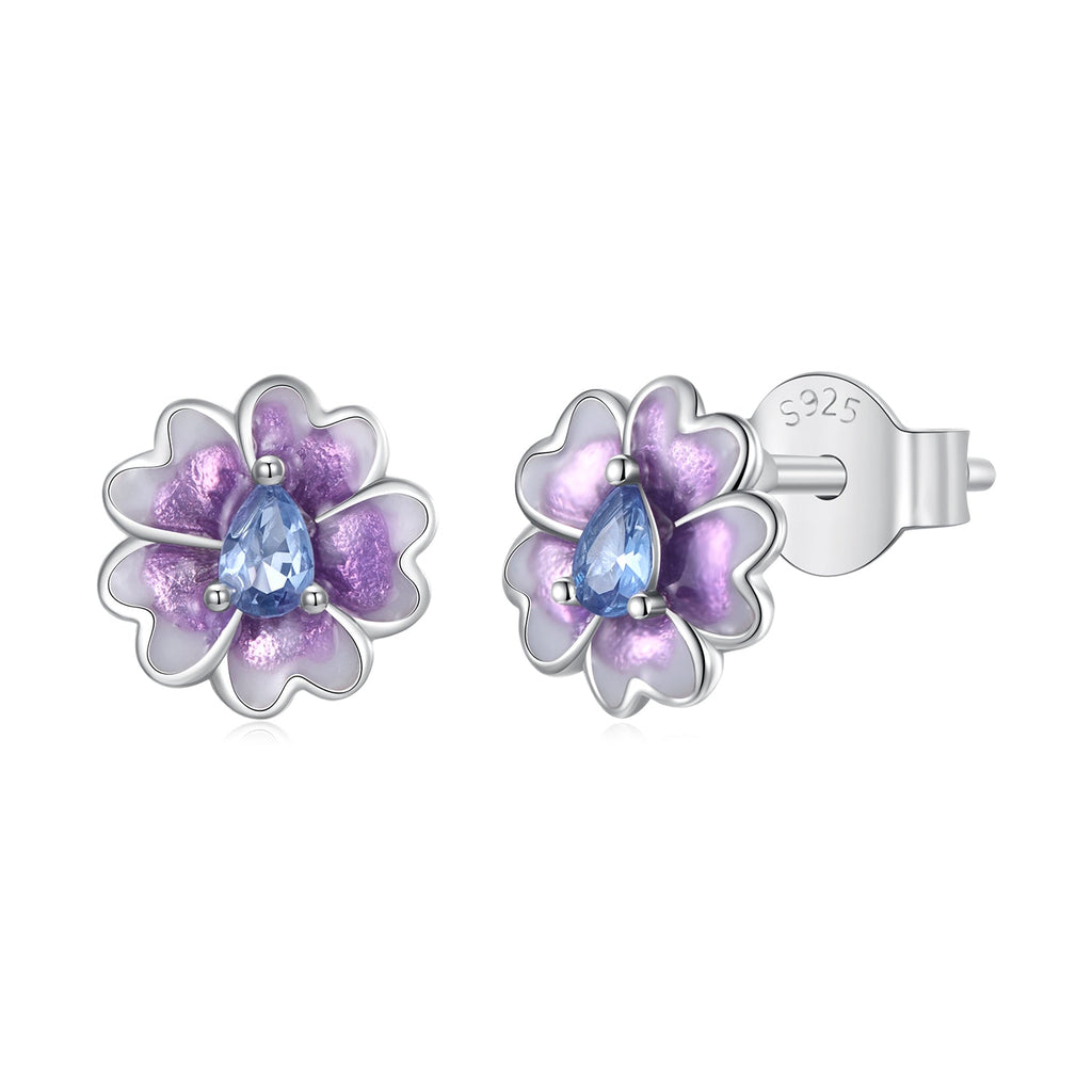 925 Sterling Silver Earrings with Pavé CZ and Enamel Process, 0.8cm, White Gold Plated for Women