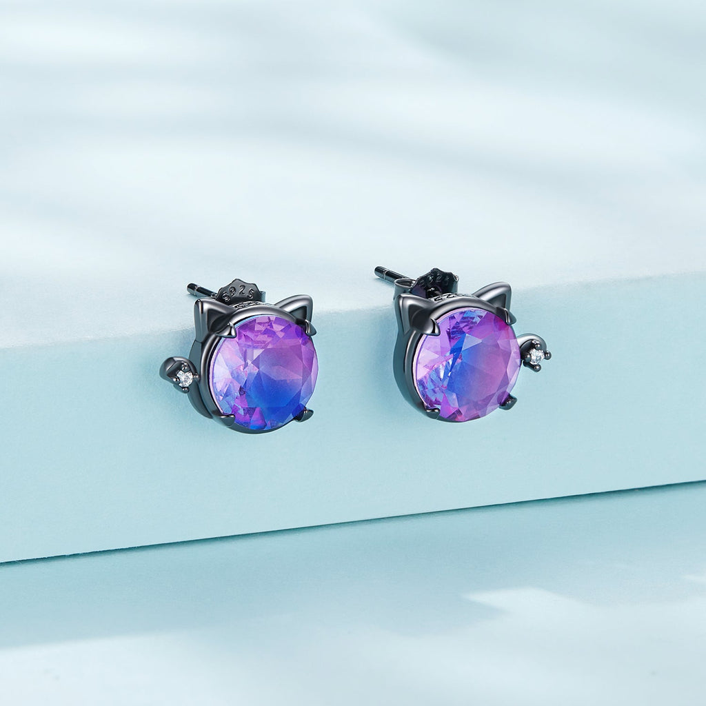 925 Sterling Silver Earrings with Pavé CZ and Transparent Glass in Black Gold, 1.0*1.2cm, for Women