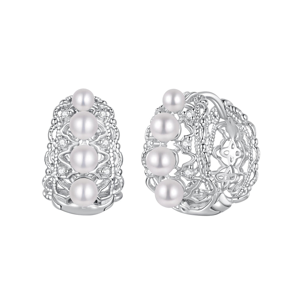 925 Sterling Silver Hoop Earrings with Synthetic Pearl and CZ, 1.1cm for Women
