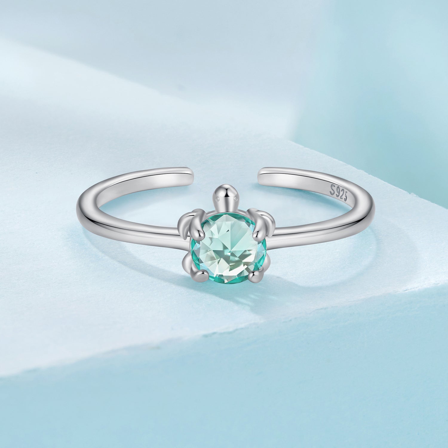 925 Sterling Silver White Gold Plated Transparent Glass Turtle Ring