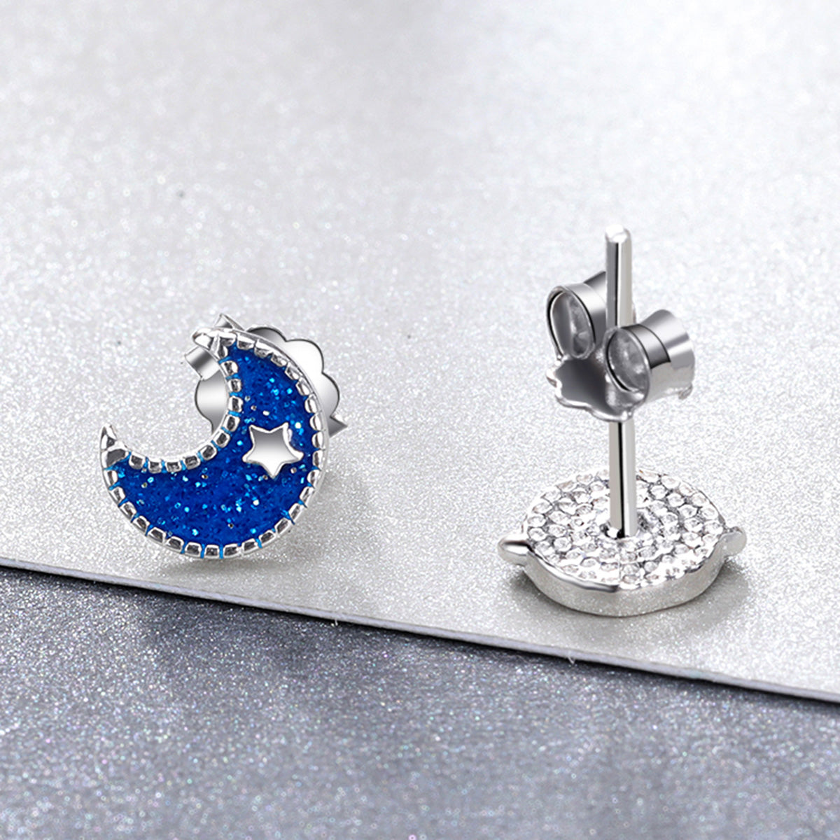 925 Sterling Silver Earrings for Women - Enamel Moon and Sun Design, 0.7x0.6cm, 0.6x0.8cm