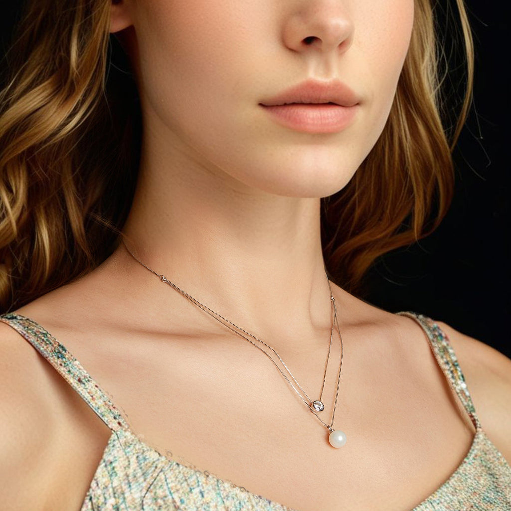 925 Sterling Silver Moissanite & Quality Shell Pearl Necklace for Women - 40+5cm, White Gold Plated