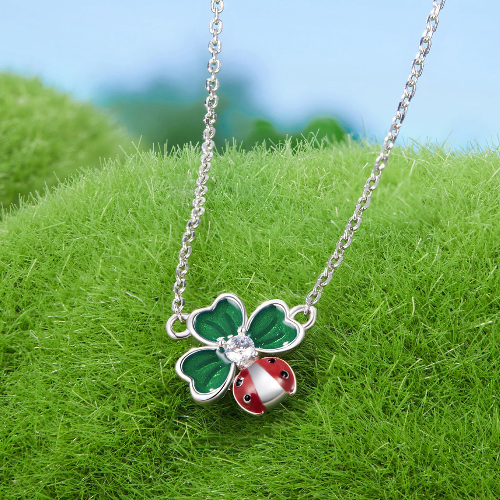 925 Sterling Silver Necklace with Enamel, White Gold Plated, 40+5 cm Chain Length, Women's Jewelry