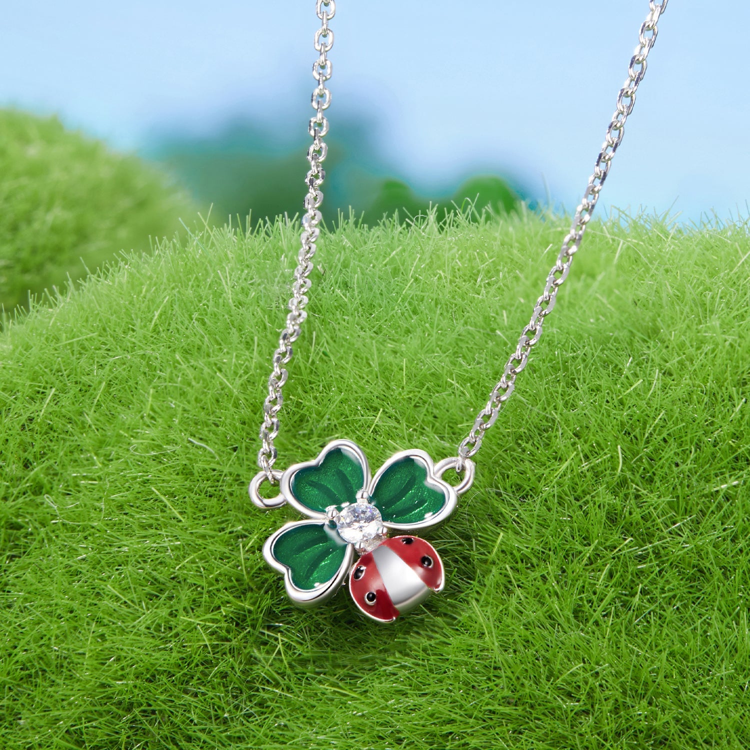 925 Sterling Silver Necklace with Enamel, White Gold Plated, 40+5 cm Chain Length, Women's Jewelry
