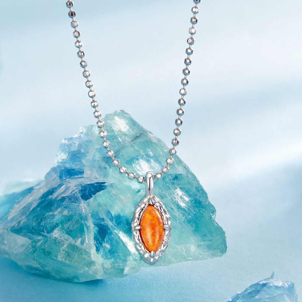 925 Sterling Silver Necklace with Synthetic Opal Pendant, 45cm, Plated White Gold for Women