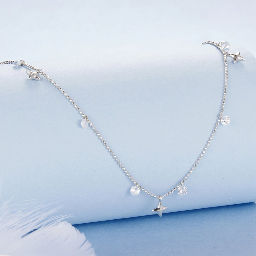 925 Sterling Silver Plated White Gold Pendant Necklace with CZ Charm for Women 38+6cm