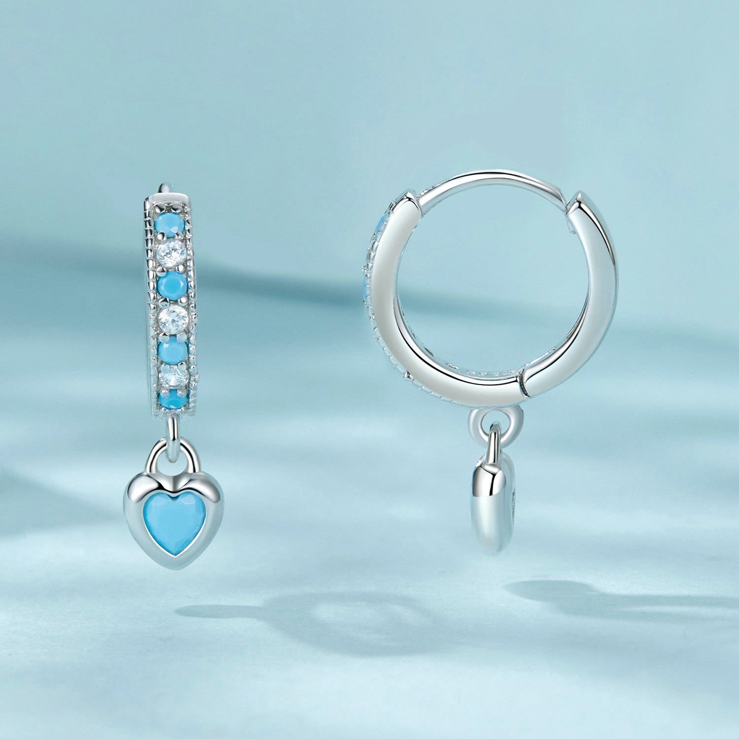 925 Sterling Silver Earrings with Synthetic Turquoise and CZ - White Gold Plated