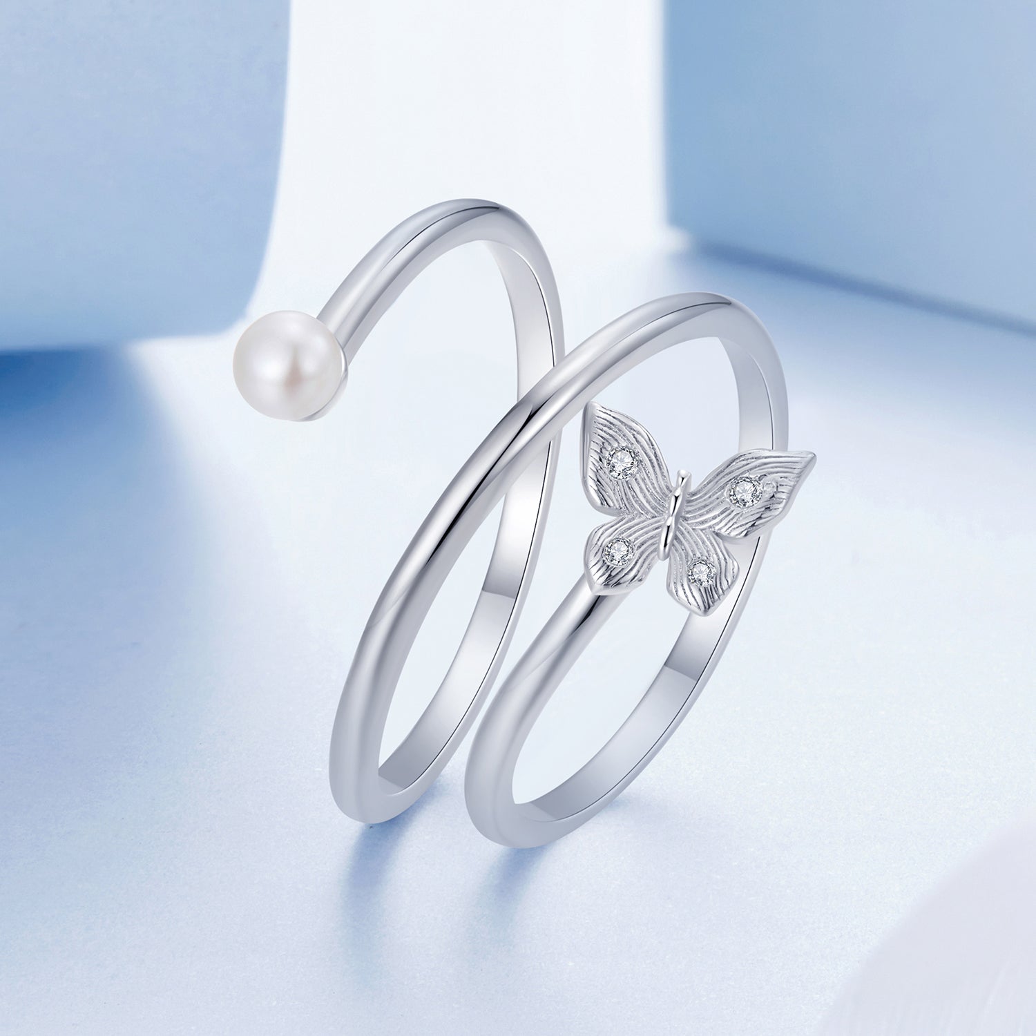 925 Sterling Silver & White Gold Plated Pave Setting CZ & Natural Pearl Ring for Women