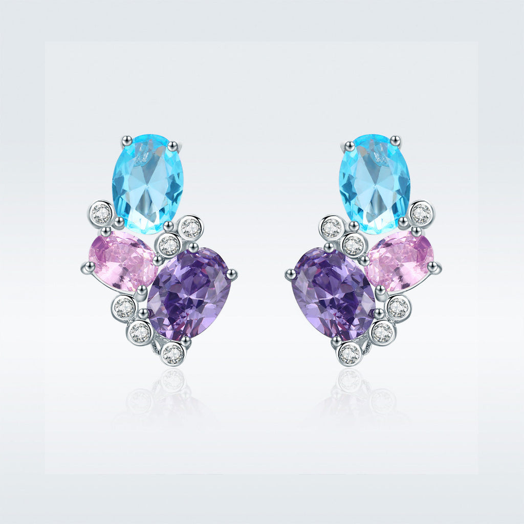 925 Sterling Silver Earrings with Transparent Glass, 1.6*1.1cm for Women