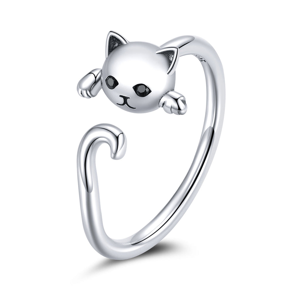 925 Sterling Silver Oxidized Cat Ring with CZ for Women, 0.6x1cm