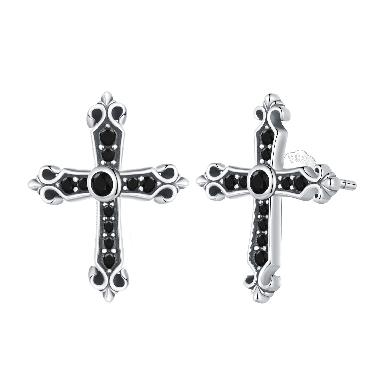 925 Sterling Silver Earrings with Pavé Setting CZ in Oxidized Silver, 15x12mm for Women