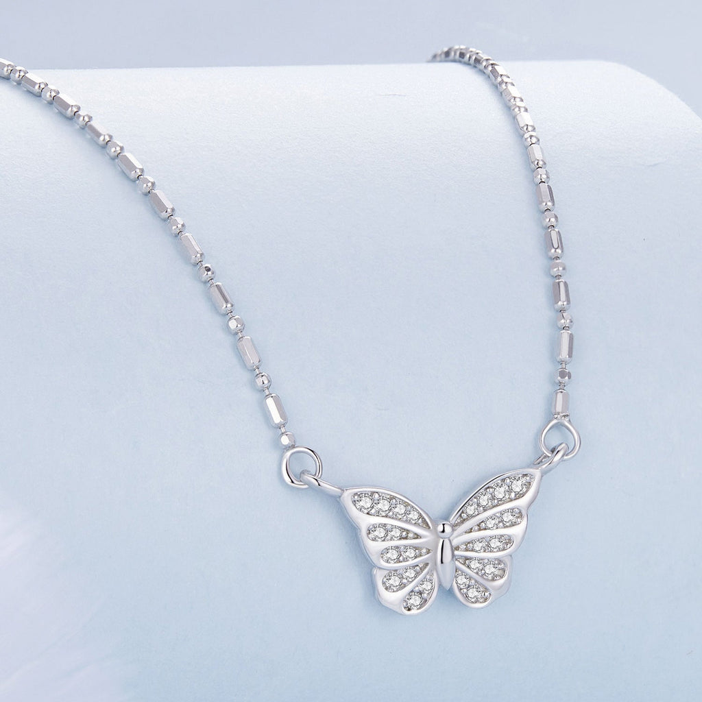 925 Sterling Silver Necklace with Pavé Setting CZ, Length 390+60mm, Pendant Size 8x15mm, for Women