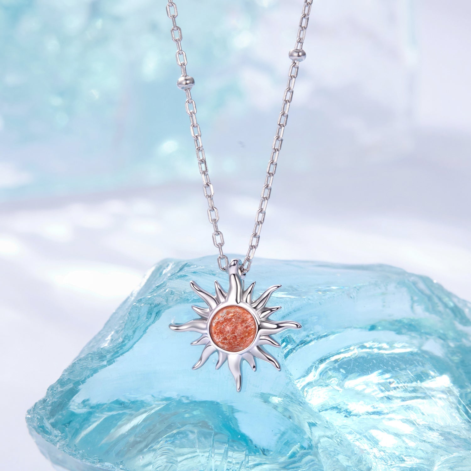 925 Sterling Silver Necklace with Natural Golden Sunstone, 40+5cm, Plated White Gold for Women