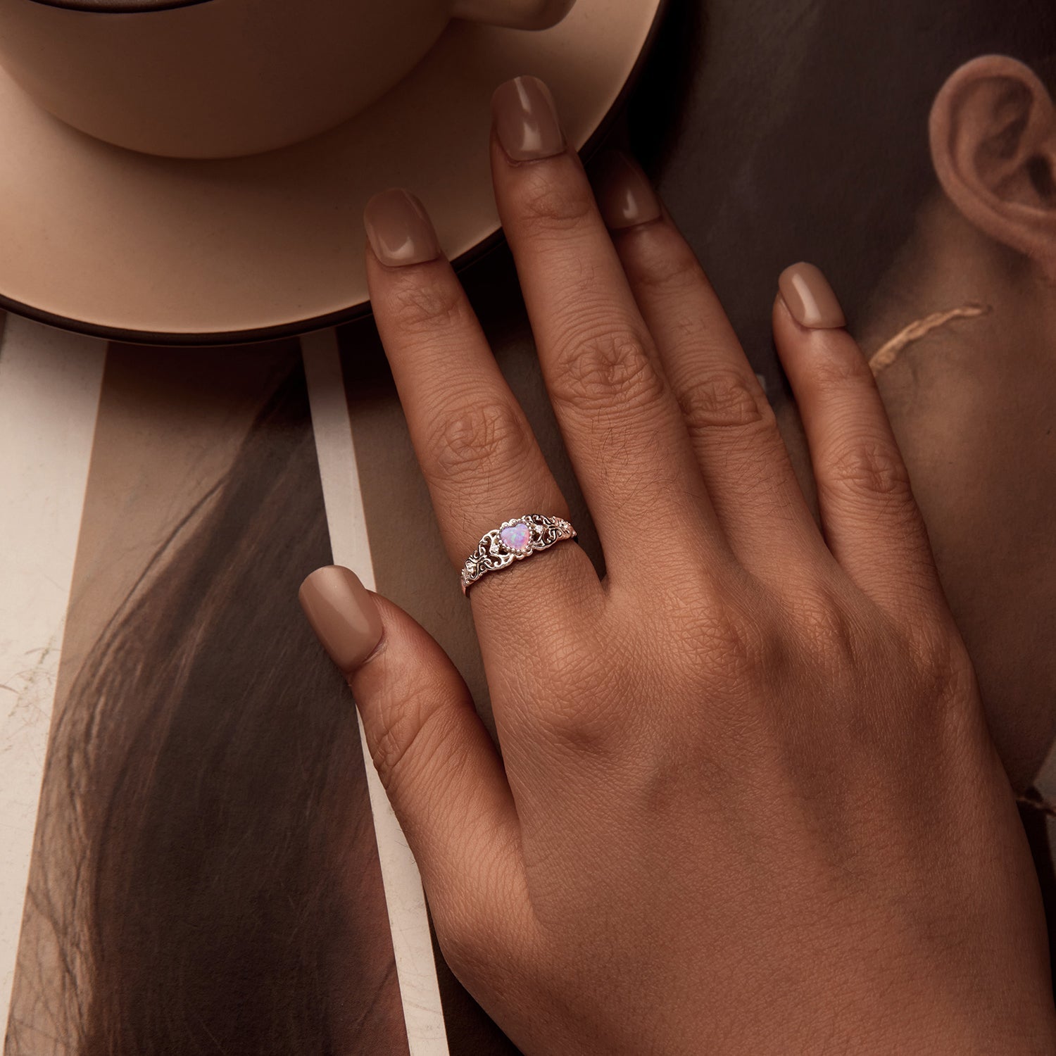 925 Sterling Silver Opal and CZ Stackable Ring in Size 6 for Women