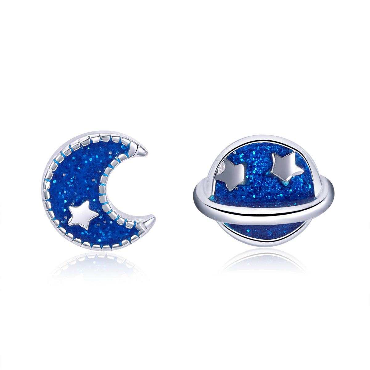 925 Sterling Silver Earrings for Women - Enamel Moon and Sun Design, 0.7x0.6cm, 0.6x0.8cm