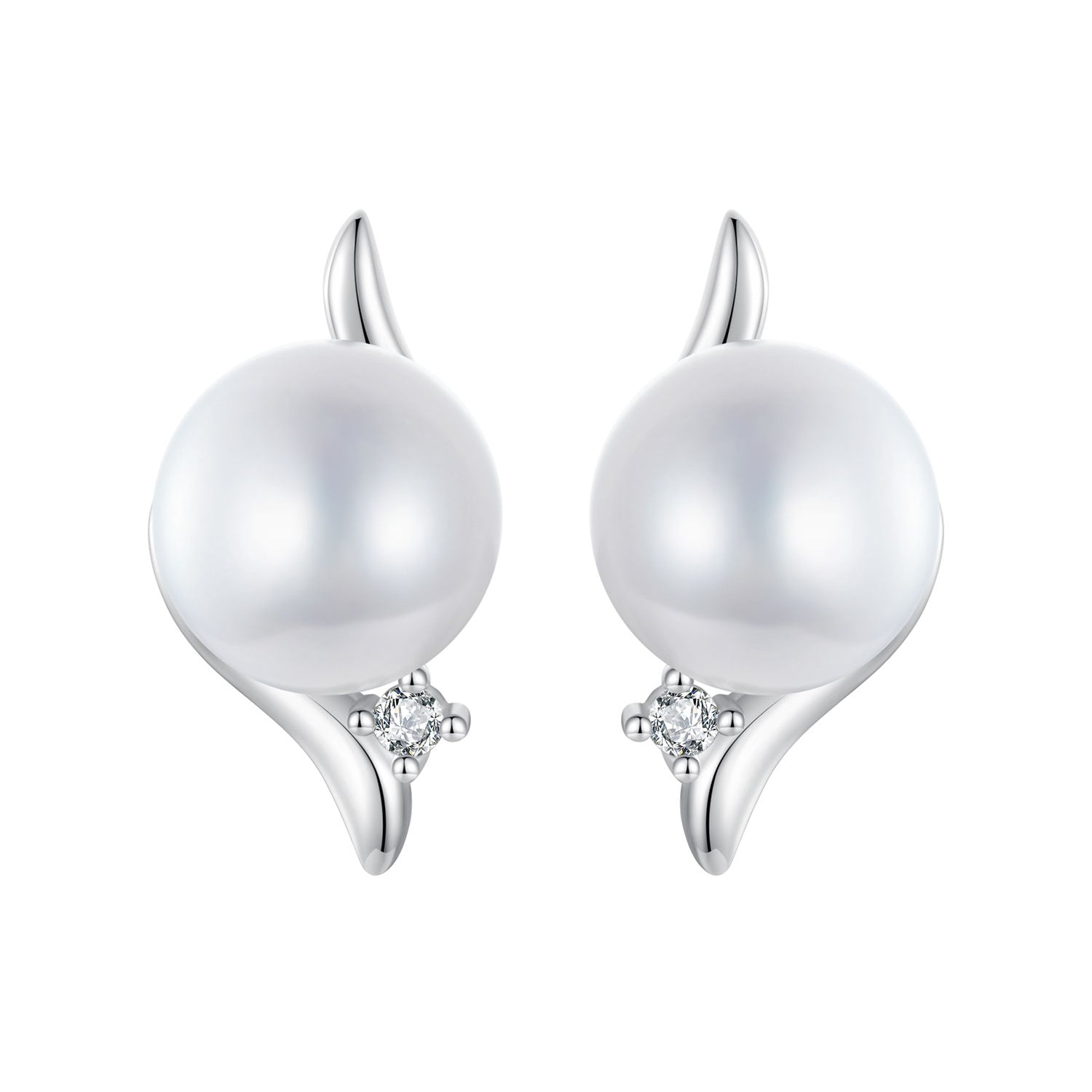 925 Sterling Silver Natural Pearl & CZ Earrings Plated in Platinum