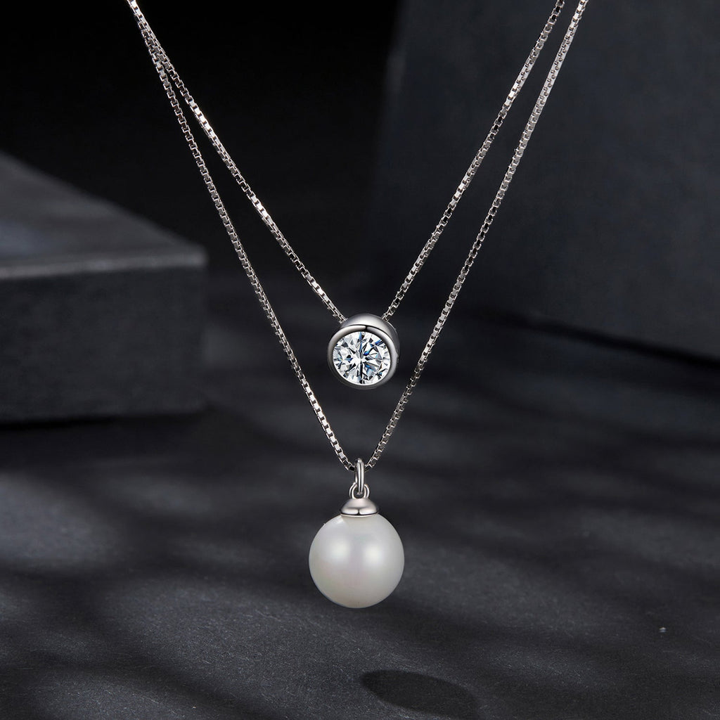 925 Sterling Silver Moissanite & Quality Shell Pearl Necklace for Women - 40+5cm, White Gold Plated