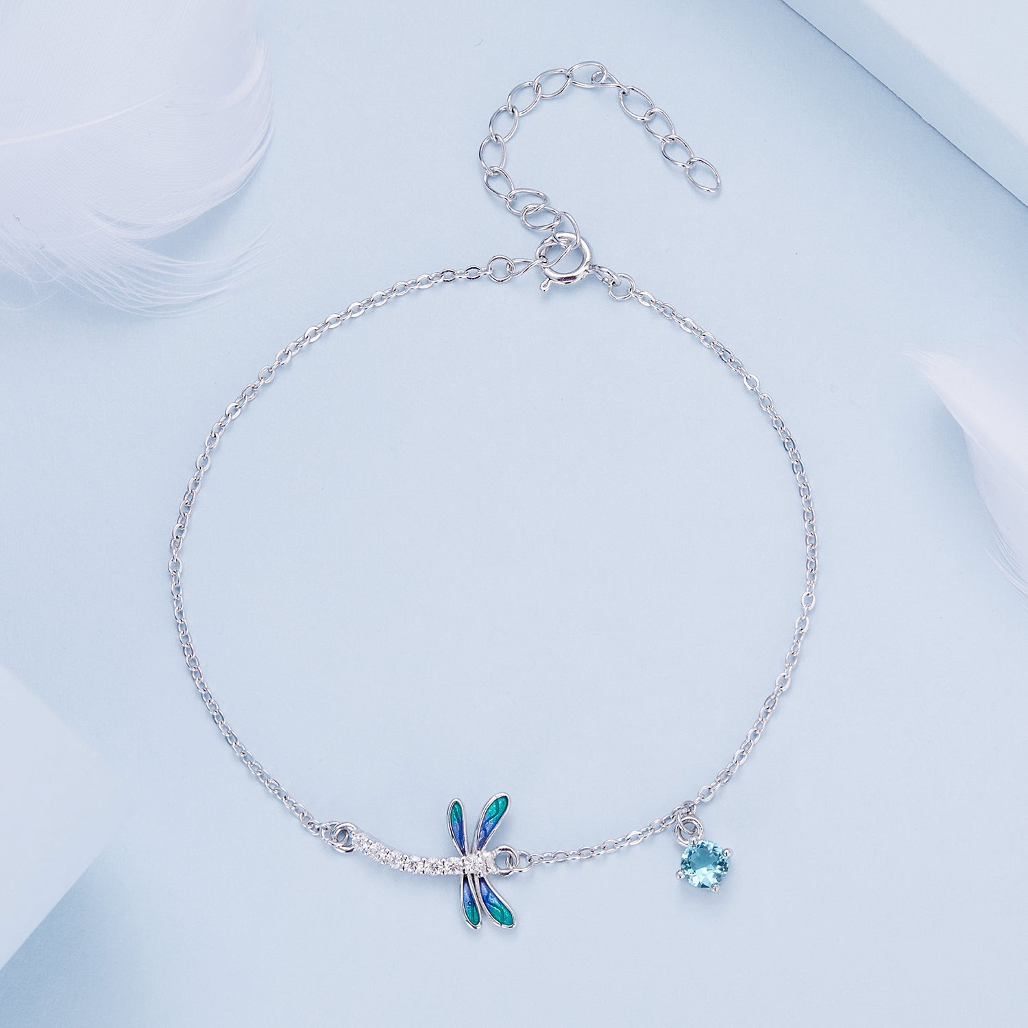 925 Sterling Silver 16.5cm+5cm Enamel Dragonfly Bracelet for Women