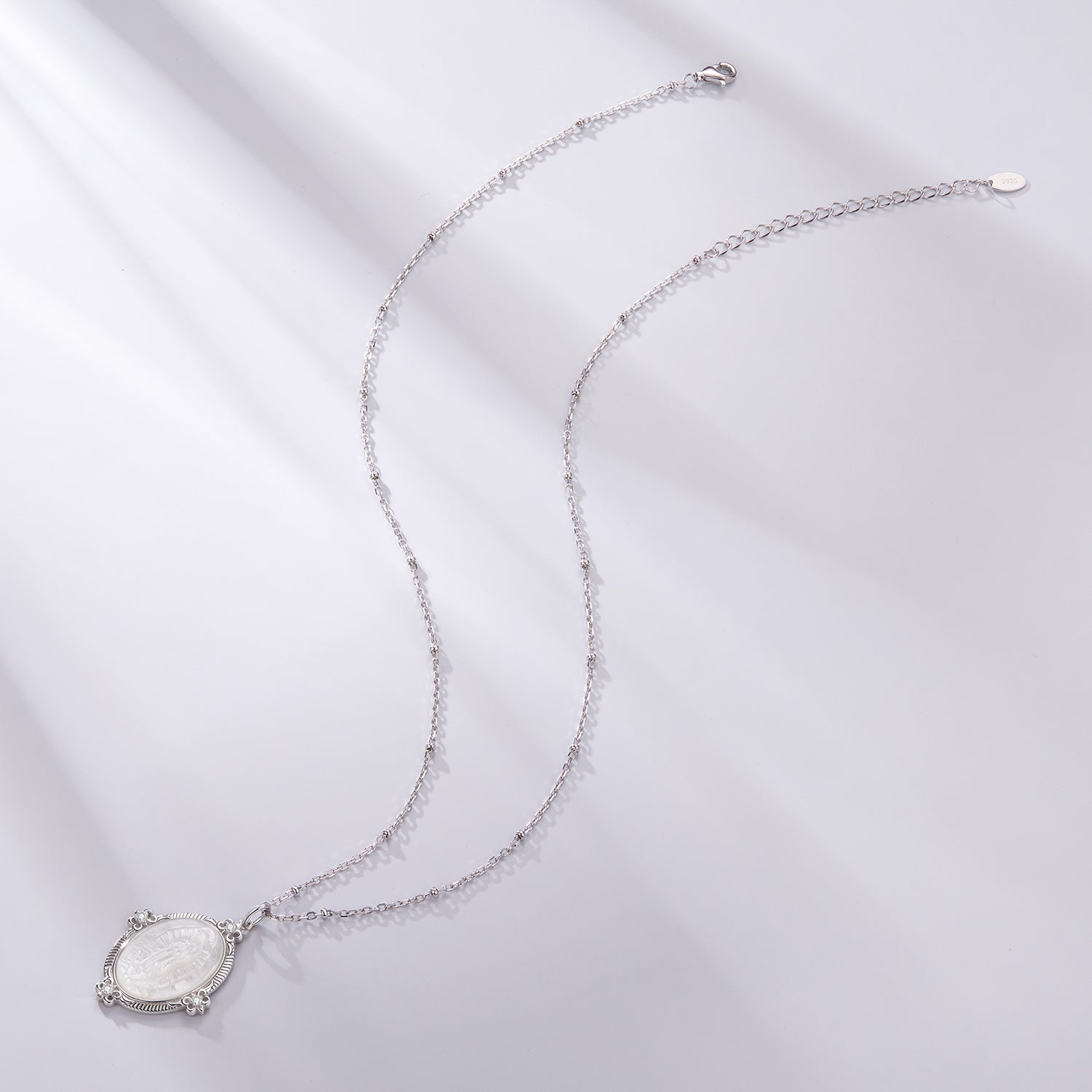 925 Sterling Silver Necklace with White Gold Plating, 40+5cm Length, CZ & Mother of Pearl Pendant for Women
