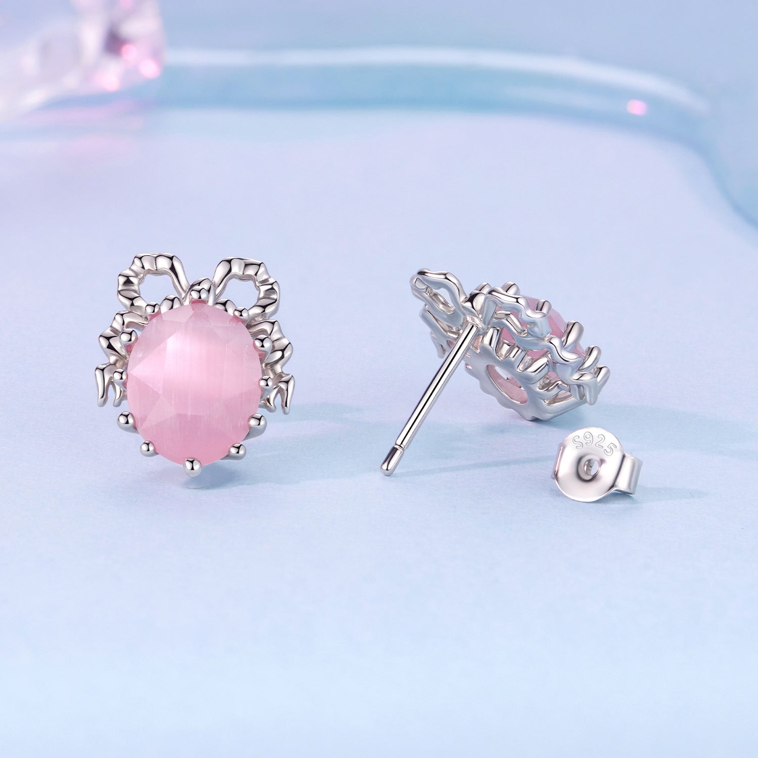 925 Sterling Silver White Gold Plated Earrings with Transparent Glass, 1.6x1.2cm for Women