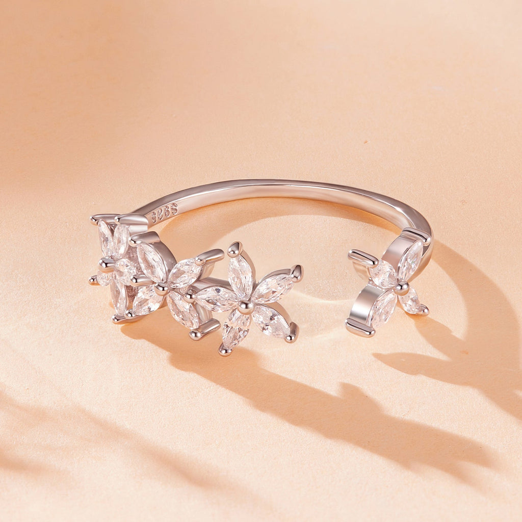 925 Sterling Silver White Gold Plated Pavé Setting CZ Flower Ring for Women