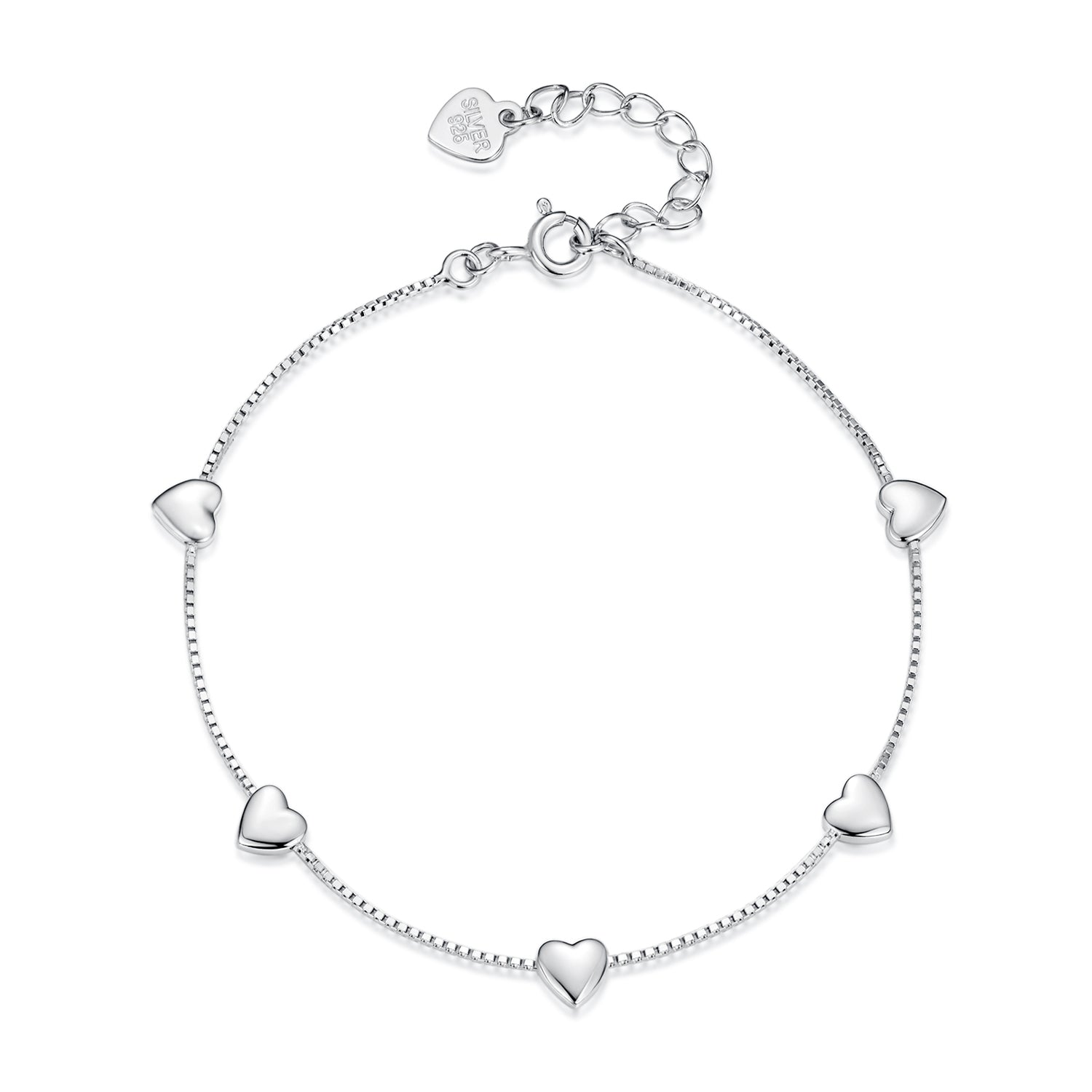 925 Sterling Silver Plated White Gold 17+3.5cm Heart-Shaped Bracelet for Women