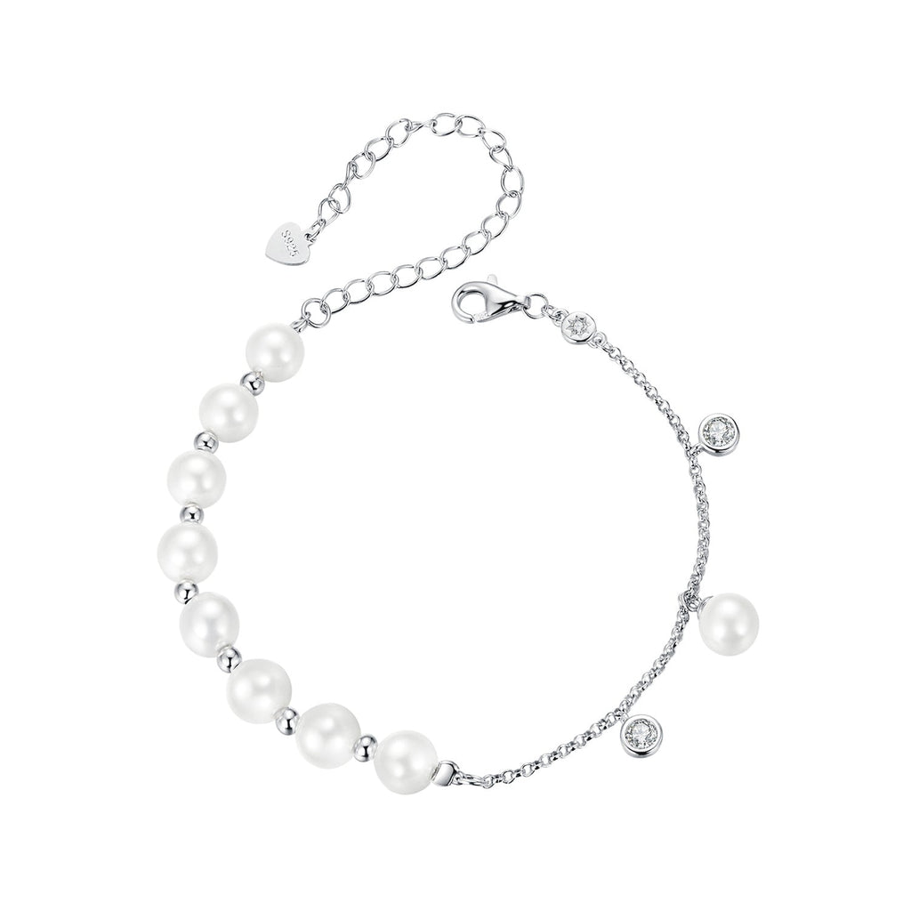 925 Sterling Silver 15+6cm White Gold Plated Bracelet with Quality Shell Pearl & CZ for Women
