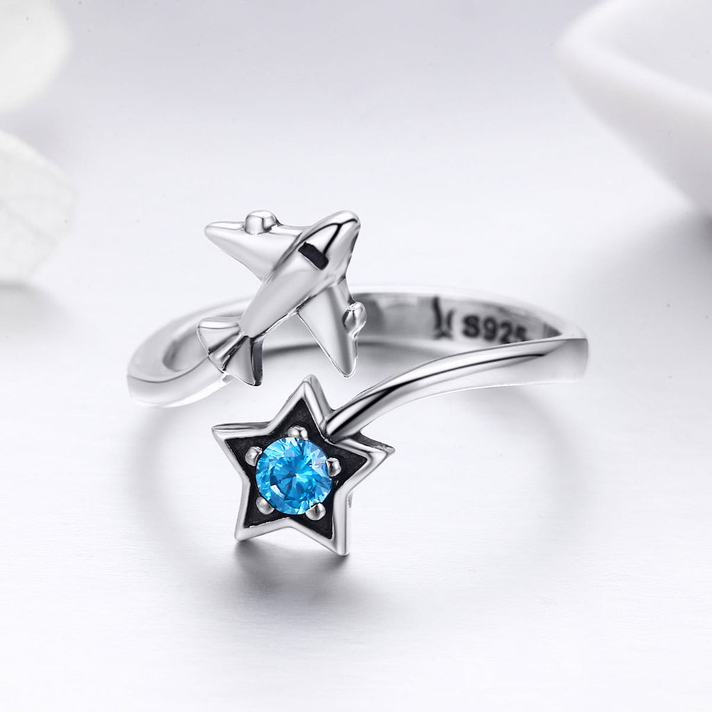 S925 Sterling Silver Star and Airplane Ring Set for Women