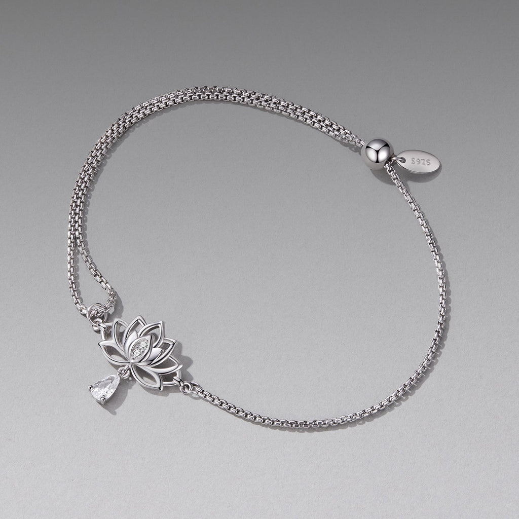 925 Sterling Silver Adjustable Chain Bracelet with White Gold Plating and CZ for Women