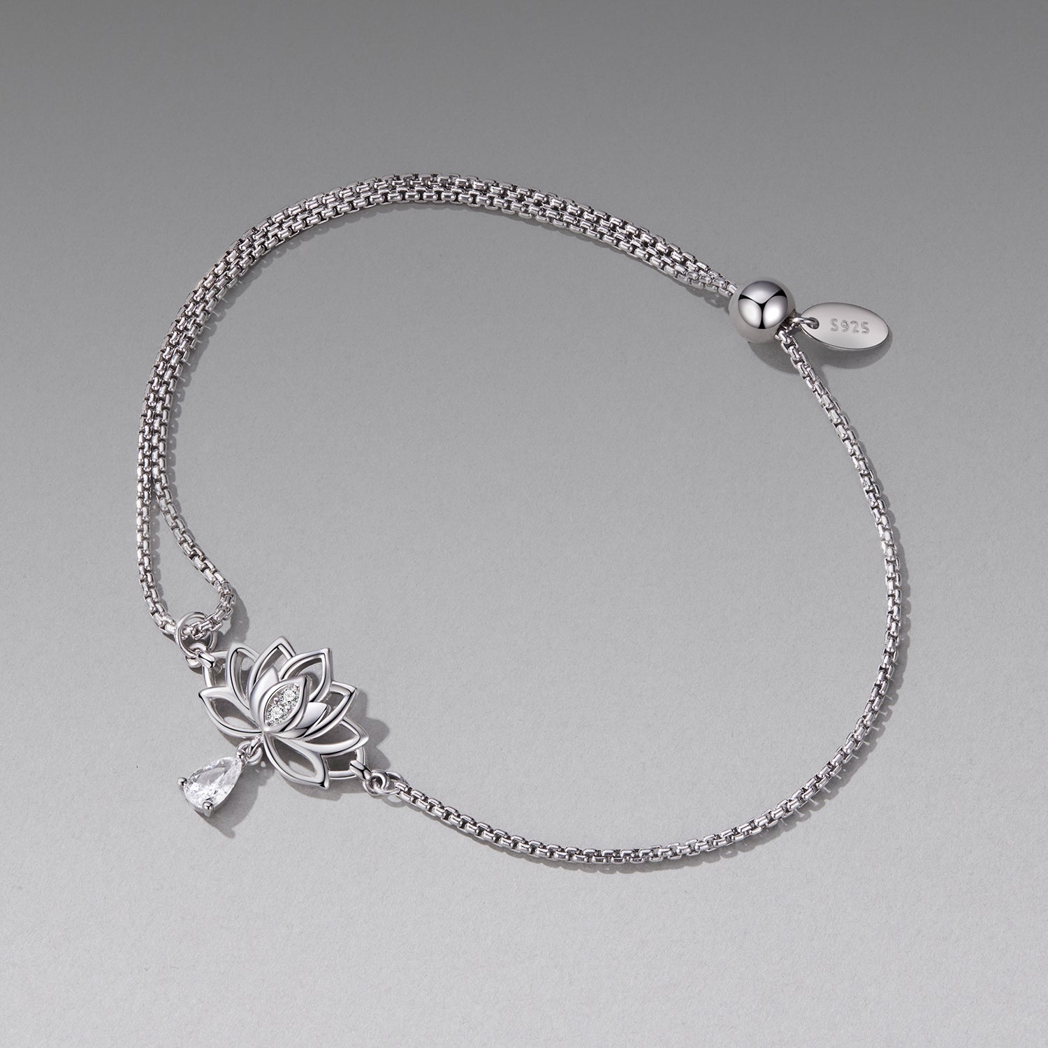 925 Sterling Silver Adjustable Chain Bracelet with White Gold Plating and CZ for Women