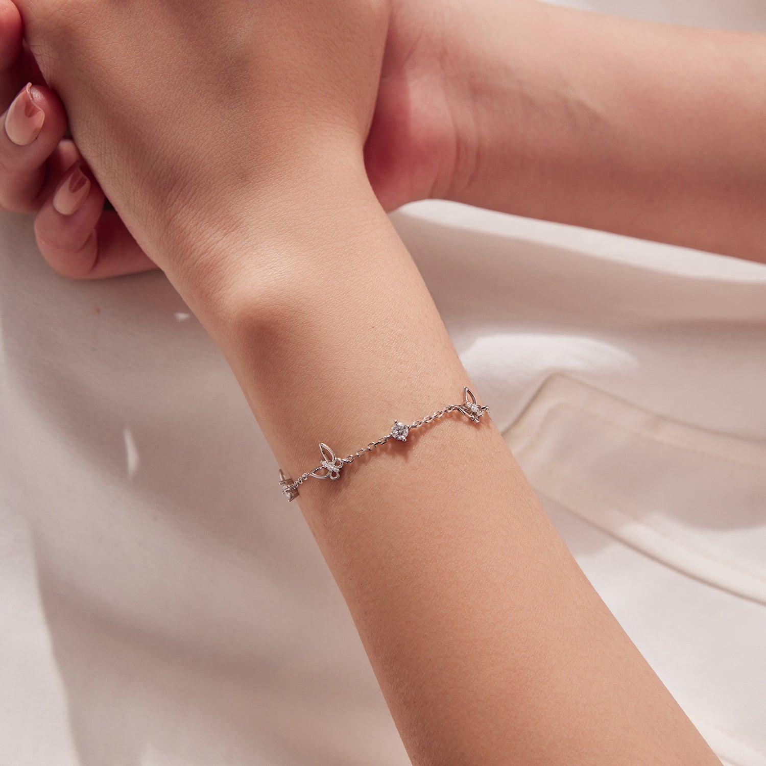925 Sterling Silver White Gold Plated Bracelet with Moissanite, 15+6cm, for Women