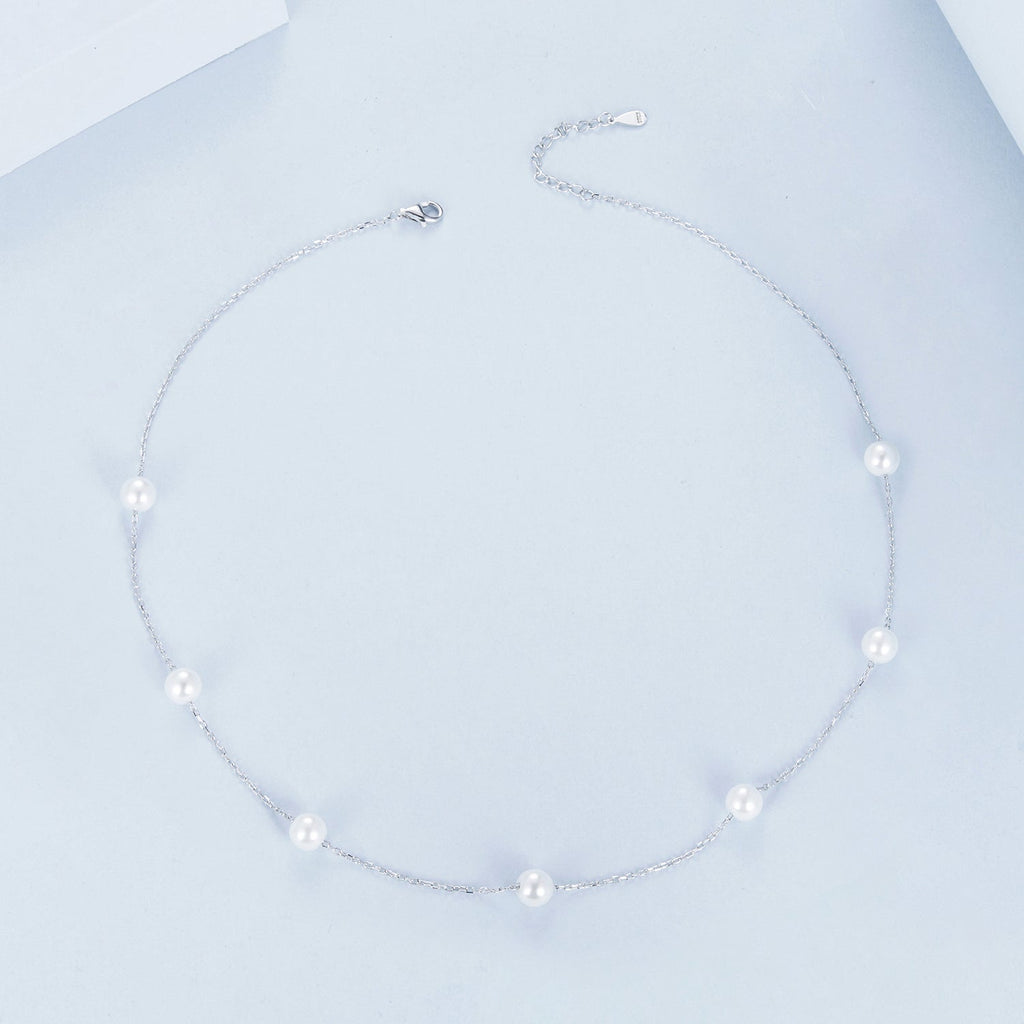 925 Sterling Silver White Gold Plated Necklace with Shell Pearl 400+50mm