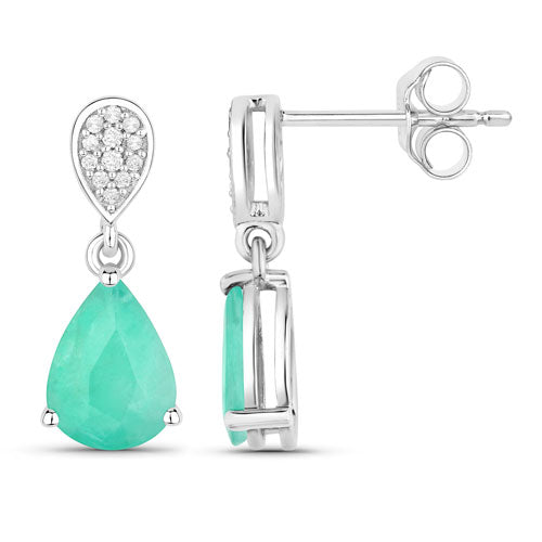 2.28 Carat Genuine Zambian Emerald and White Diamond 10K White Gold Earrings