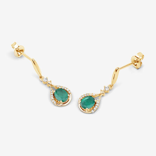 0.70 Carat Genuine Zambian Emerald and White Diamond 14K Yellow Gold Earrings